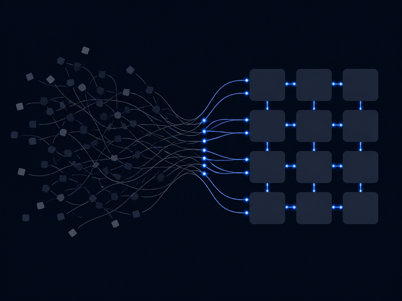 Illustration of a tangled manual process becoming an orderly automated flow
